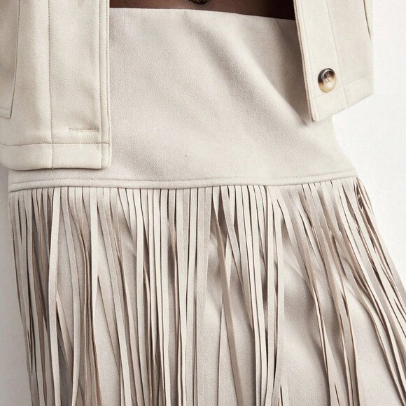 Khaki Boho Women's Chic Linen Tassel Skirt - Picture 7 of 7